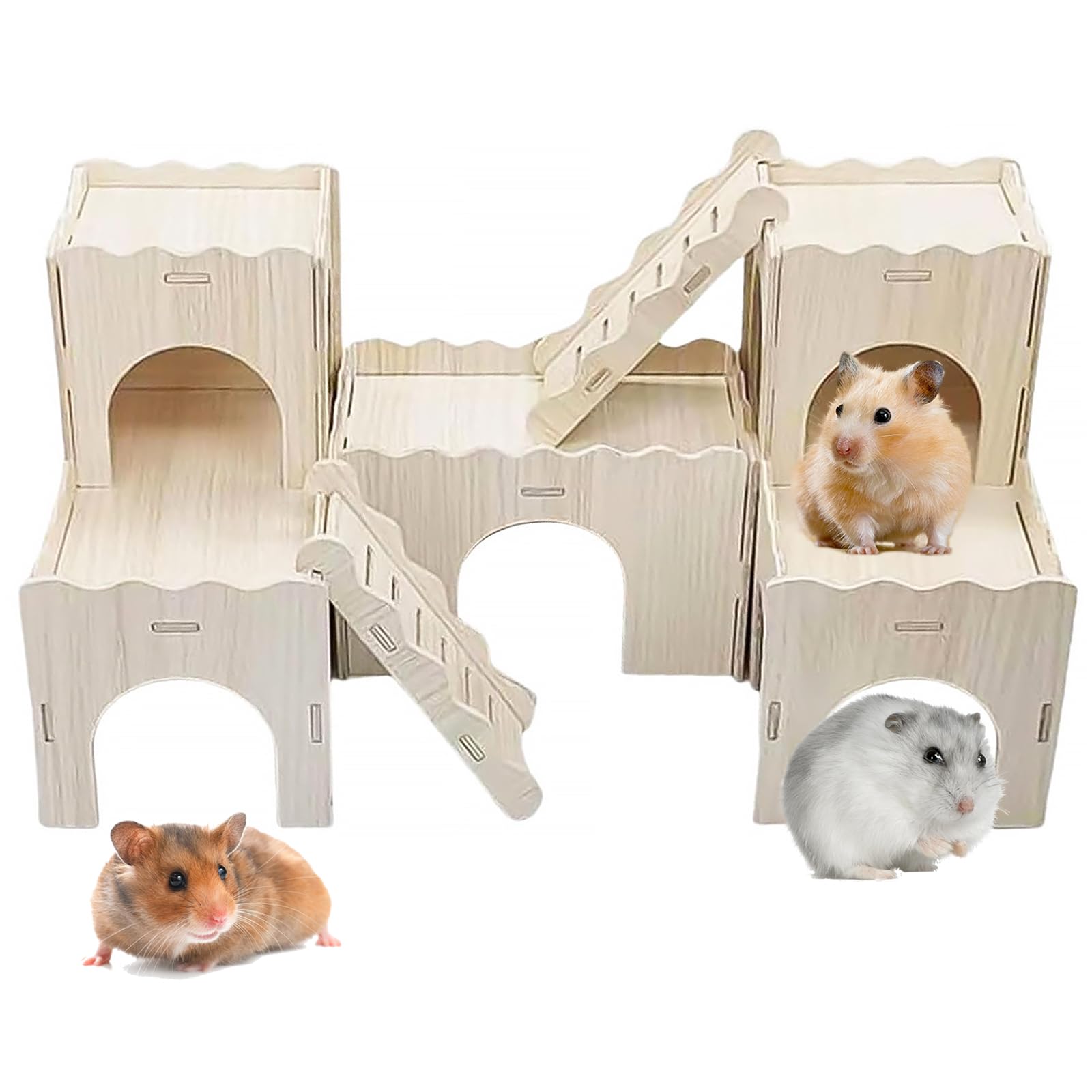 Hamster Toys 5-Piece Set ，Hamster House, Swing, Climbing Ladder, Seesaw & Exercise Wheel，Pet DIY Sport Exercise Toys Set, Small Animal Habitat Accessories ，Gerbils, Mice（Natural Wood）