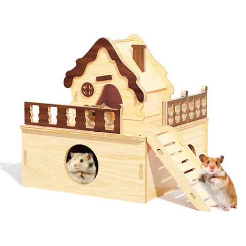 Hamster Toys 5-Piece Set ，Hamster House, Swing, Climbing Ladder, Seesaw & Exercise Wheel，Pet DIY Sport Exercise Toys Set, Small Animal Habitat Accessories ，Gerbils, Mice（Natural Wood）
