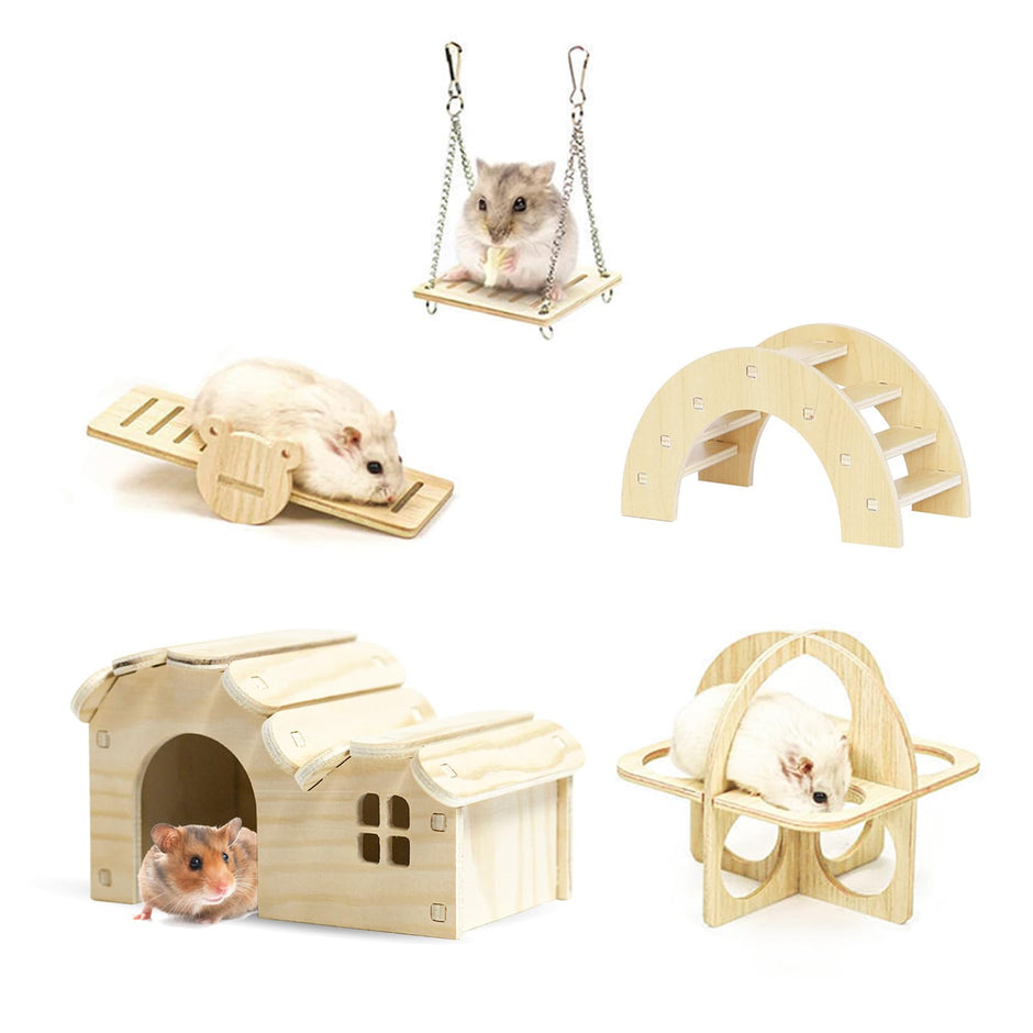 Hamster Toys 5-Piece Set ，Hamster House, Swing, Climbing Ladder, Seesaw & Exercise Wheel，Pet DIY Sport Exercise Toys Set, Small Animal Habitat Accessories ，Gerbils, Mice（Natural Wood）