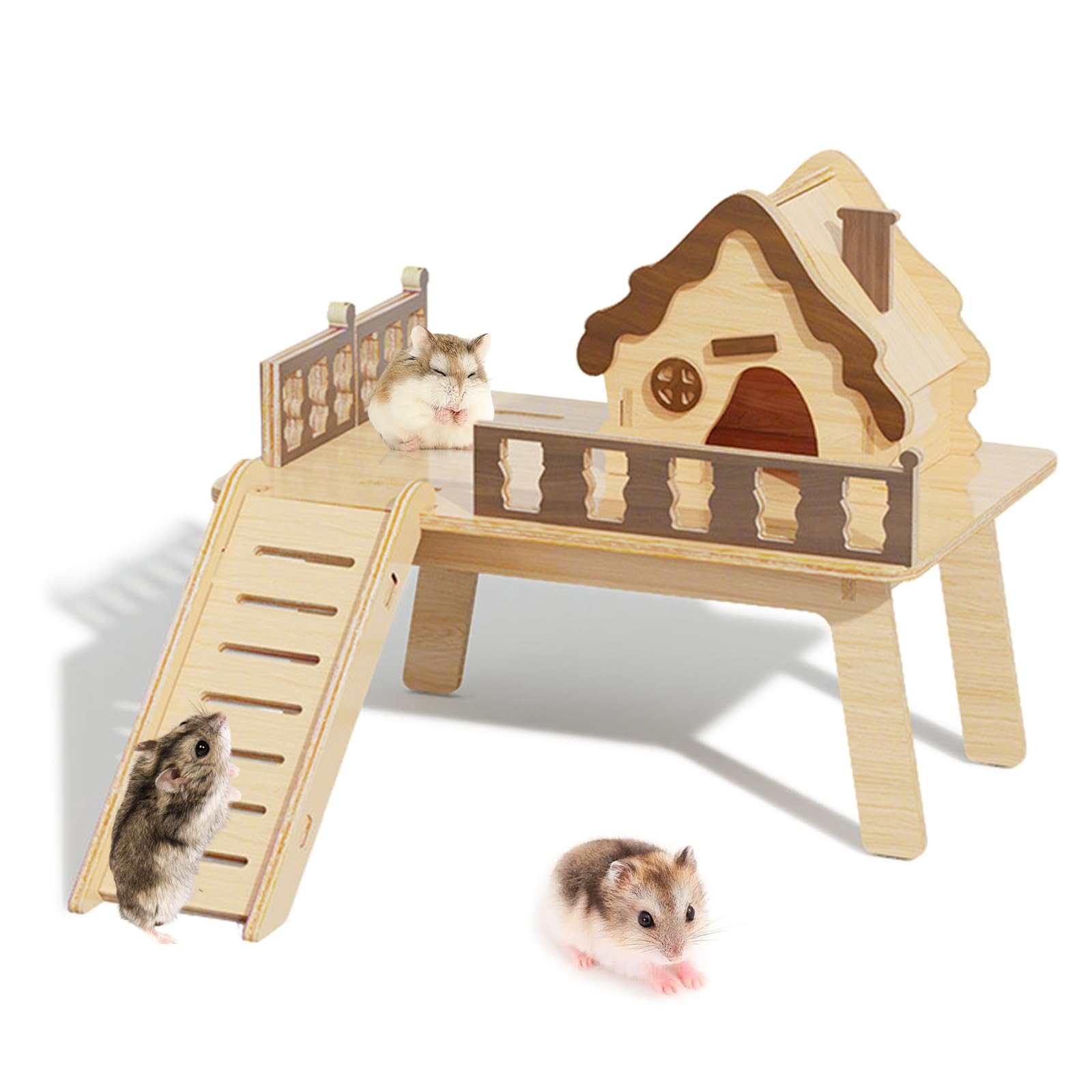 Hamster Toys 5-Piece Set ，Hamster House, Swing, Climbing Ladder, Seesaw & Exercise Wheel，Pet DIY Sport Exercise Toys Set, Small Animal Habitat Accessories ，Gerbils, Mice（Natural Wood）