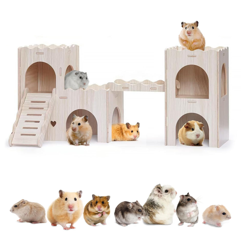 Hamster Toys 5-Piece Set ，Hamster House, Swing, Climbing Ladder, Seesaw & Exercise Wheel，Pet DIY Sport Exercise Toys Set, Small Animal Habitat Accessories ，Gerbils, Mice（Natural Wood）