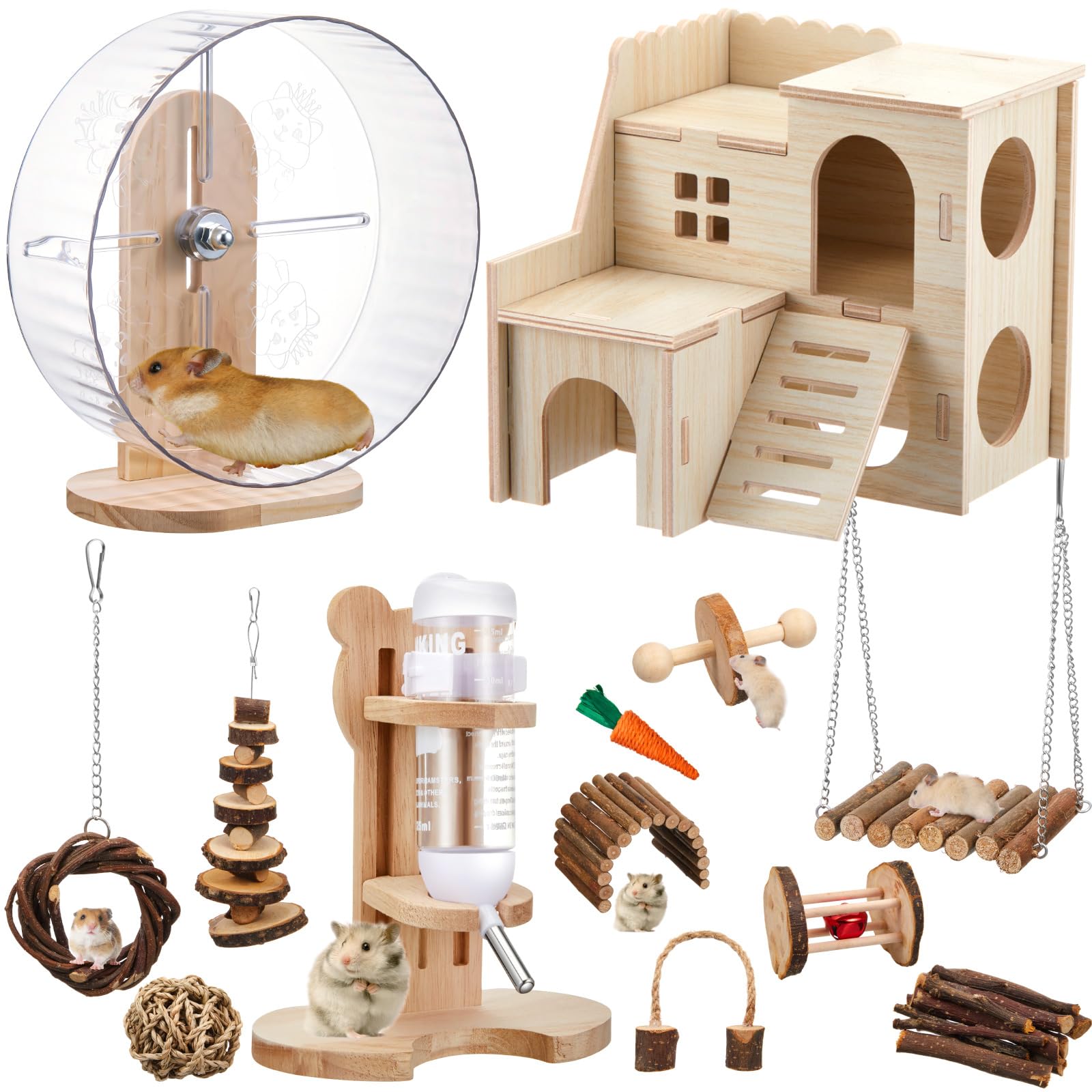18 Pcs Hamster Cage Accessories, Silent Hamster Wheel, 15 Chew Toys Set, Maze Wood House and Water Bottle Set for Rat Mice Small Animals Habitat (Fun Interactive Style)