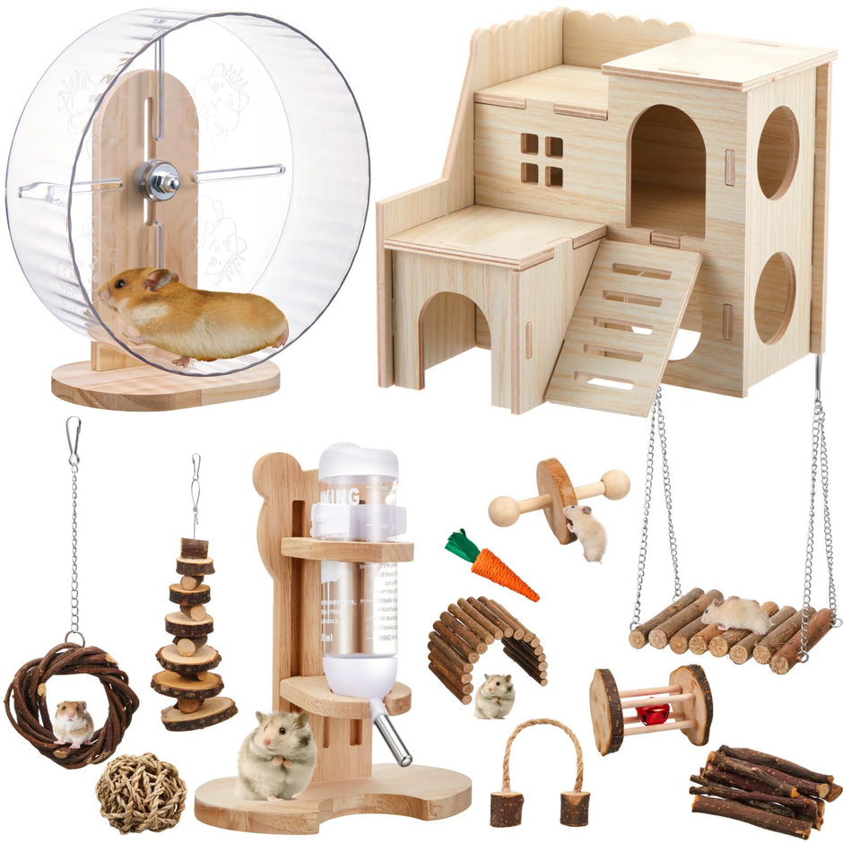 18 Pcs Hamster Cage Accessories, Silent Hamster Wheel, 15 Chew Toys Set, Maze Wood House and Water Bottle Set for Rat Mice Small Animals Habitat (Fun Interactive Style)