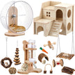 18 Pcs Hamster Cage Accessories, Silent Hamster Wheel, 15 Chew Toys Set, Maze Wood House and Water Bottle Set for Rat Mice Small Animals Habitat (Fun Interactive Style)