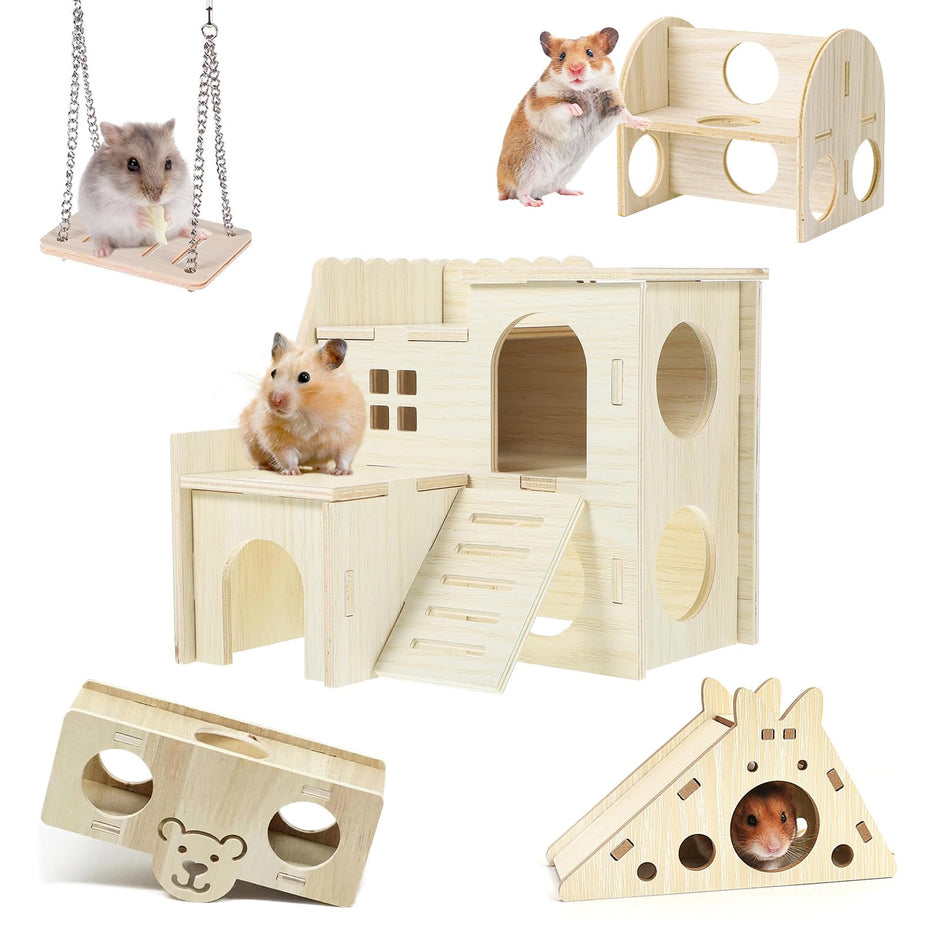 Hamster Toys 5-Piece Set ，Hamster House, Swing, Climbing Ladder, Seesaw & Exercise Wheel，Pet DIY Sport Exercise Toys Set, Small Animal Habitat Accessories ，Gerbils, Mice（Natural Wood）