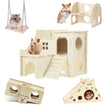 Hamster Toys 5-Piece Set ，Hamster House, Swing, Climbing Ladder, Seesaw & Exercise Wheel，Pet DIY Sport Exercise Toys Set, Small Animal Habitat Accessories ，Gerbils, Mice（Natural Wood）