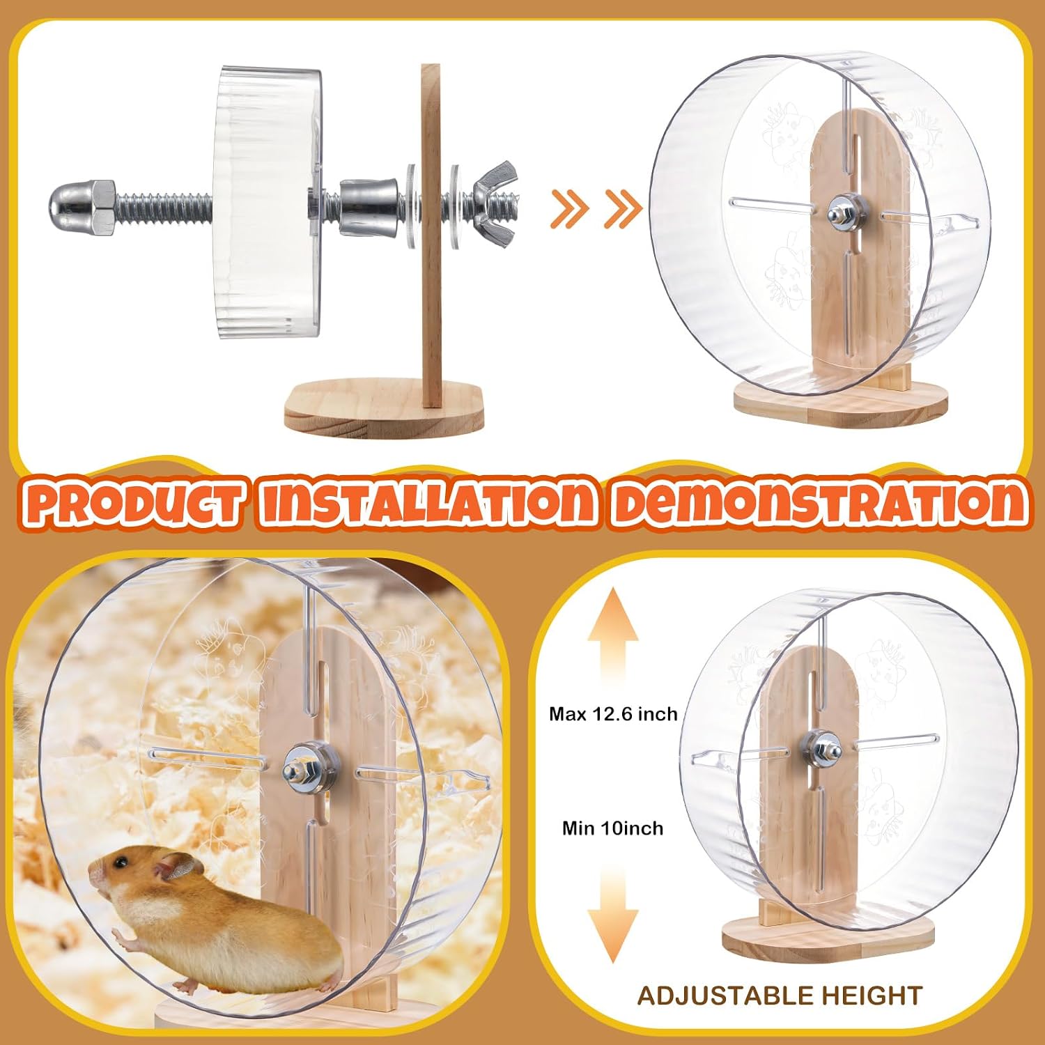 18 Pcs Hamster Cage Accessories, Silent Hamster Wheel, 15 Chew Toys Set, Maze Wood House and Water Bottle Set for Rat Mice Small Animals Habitat (Fun Interactive Style)