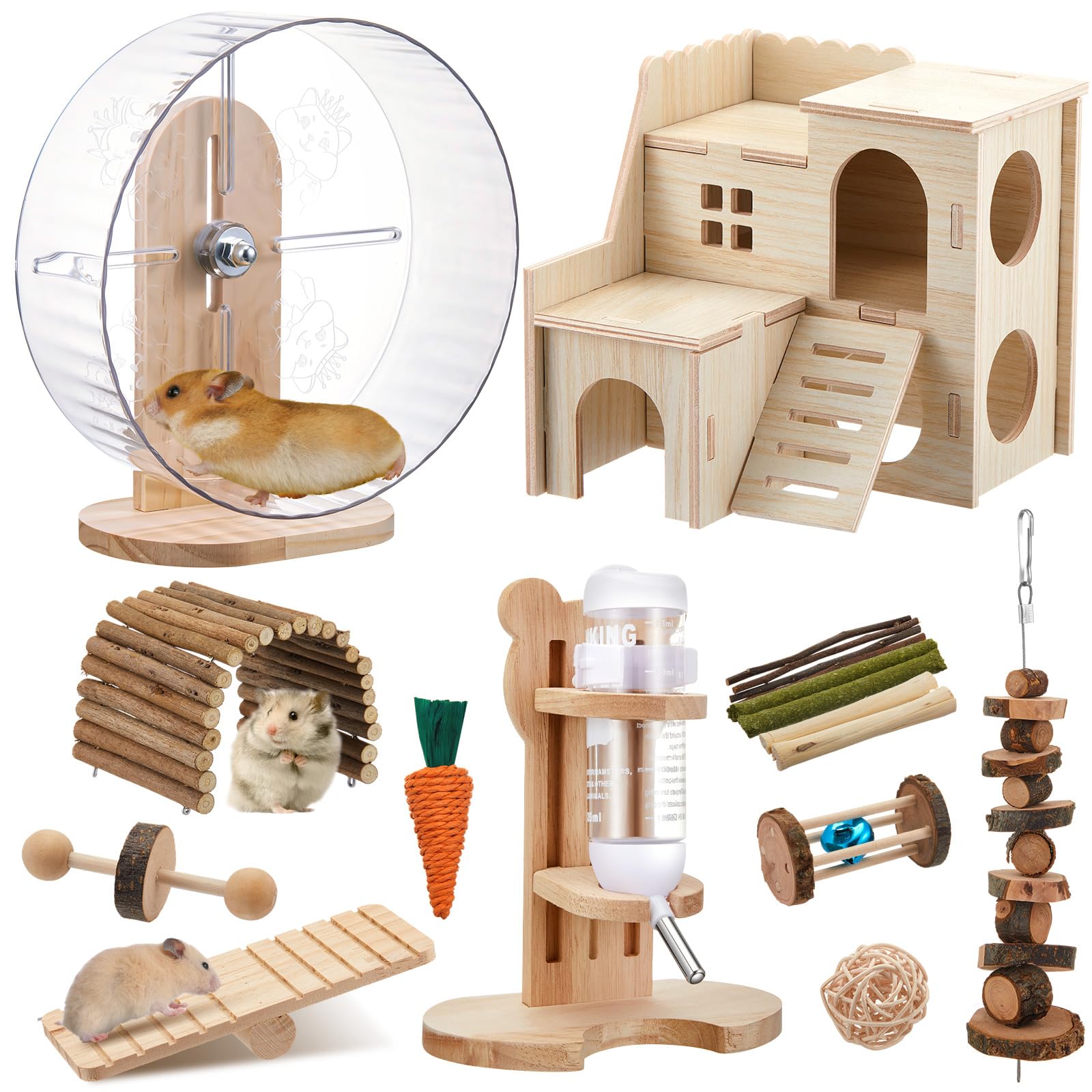 18 Pcs Hamster Cage Accessories, Silent Hamster Wheel, 15 Chew Toys Set, Maze Wood House and Water Bottle Set for Rat Mice Small Animals Habitat (Fun Interactive Style)