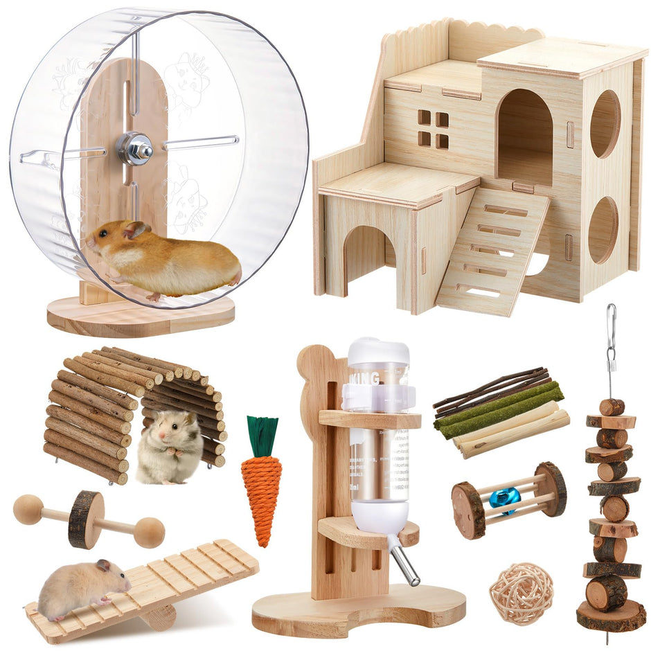 18 Pcs Hamster Cage Accessories, Silent Hamster Wheel, 15 Chew Toys Set, Maze Wood House and Water Bottle Set for Rat Mice Small Animals Habitat (Fun Interactive Style)