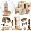 18 Pcs Hamster Cage Accessories, Silent Hamster Wheel, 15 Chew Toys Set, Maze Wood House and Water Bottle Set for Rat Mice Small Animals Habitat (Fun Interactive Style)