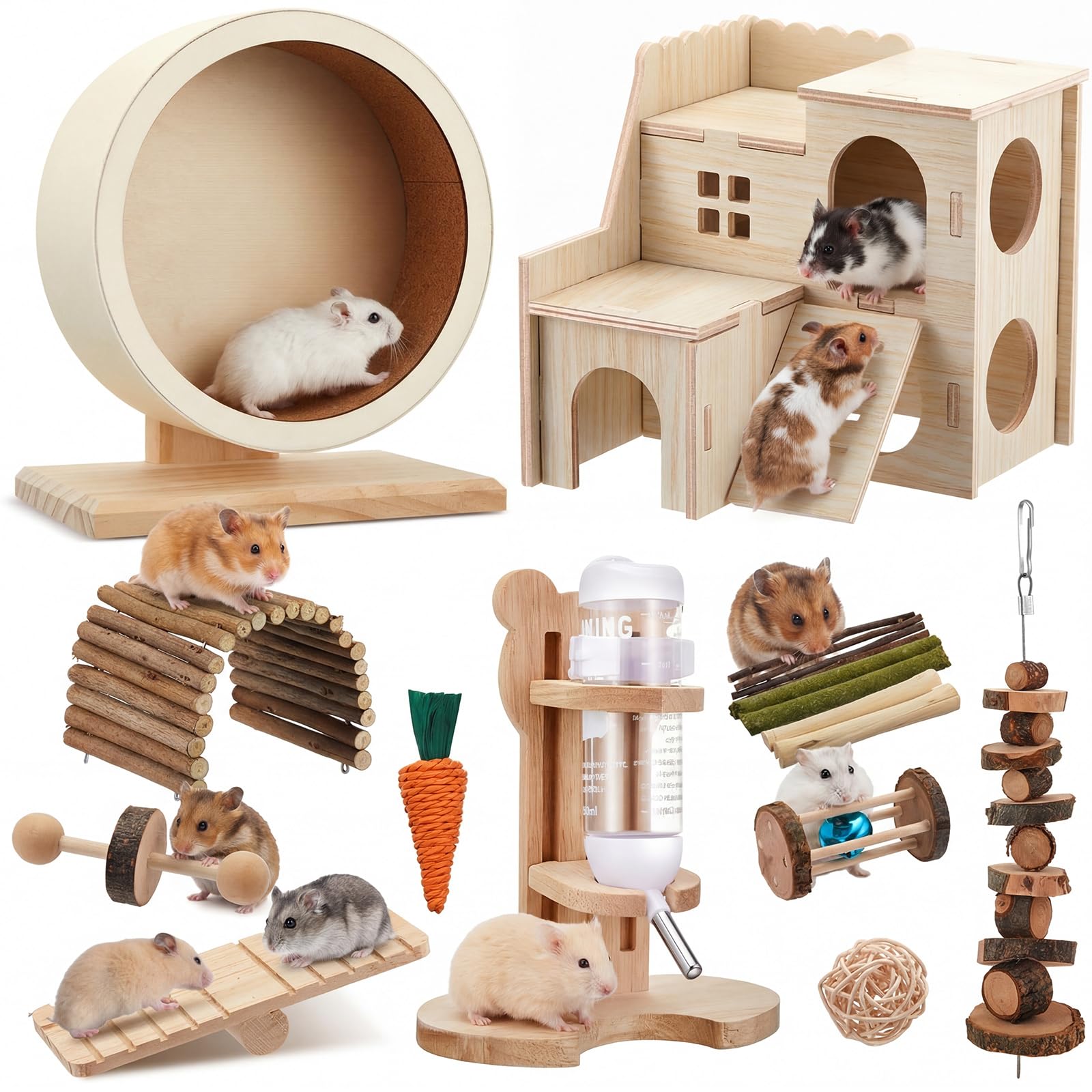 18 Pcs Hamster Cage Accessories, Silent Hamster Wheel, 15 Chew Toys Set, Maze Wood House and Water Bottle Set for Rat Mice Small Animals Habitat (Fun Interactive Style)