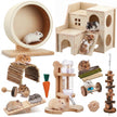 18 Pcs Hamster Cage Accessories, Silent Hamster Wheel, 15 Chew Toys Set, Maze Wood House and Water Bottle Set for Rat Mice Small Animals Habitat (Fun Interactive Style)