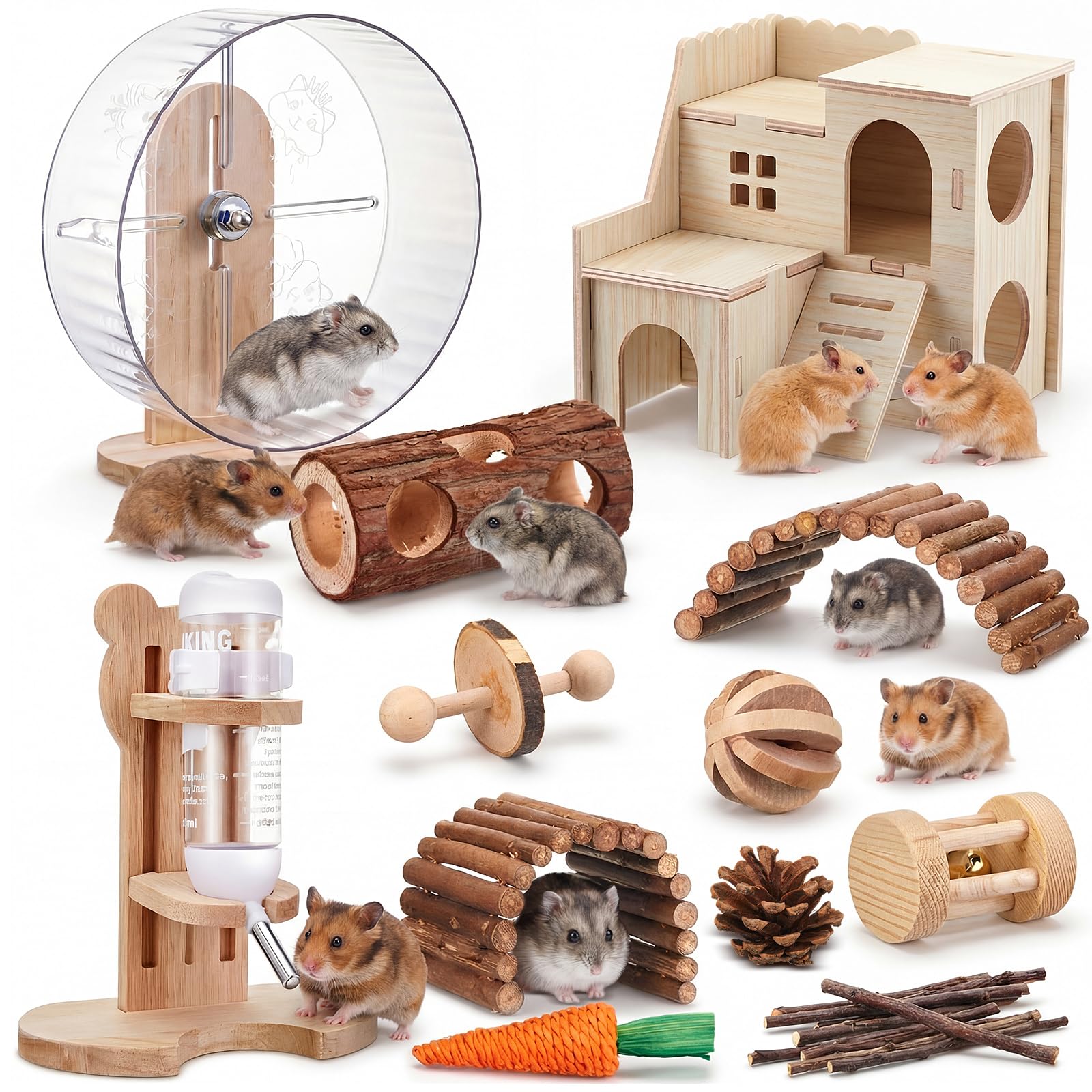 18 Pcs Hamster Cage Accessories, Silent Hamster Wheel, 15 Chew Toys Set, Maze Wood House and Water Bottle Set for Rat Mice Small Animals Habitat (Fun Interactive Style)