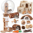 18 Pcs Hamster Cage Accessories, Silent Hamster Wheel, 15 Chew Toys Set, Maze Wood House and Water Bottle Set for Rat Mice Small Animals Habitat (Fun Interactive Style)