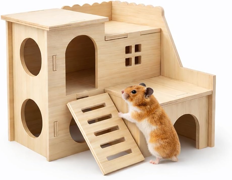 LogPaw Mini Hamster Maze Wooden House with Fun Slide and Two-Story Cabin, suitable for dwarf hamsters, mice, rats, and other small animals (for small hamsters only)