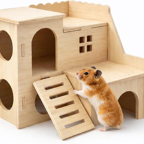 LogPaw Mini Hamster Maze Wooden House with Fun Slide and Two-Story Cabin, suitable for dwarf hamsters, mice, rats, and other small animals (for small hamsters only)